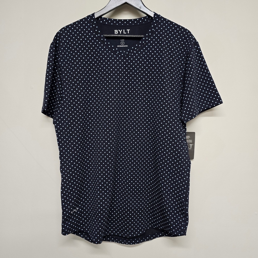 BYLT Drop-Cut Lux V Neck Shirt Mens L Navy Polka Dot NWT Golf Performance